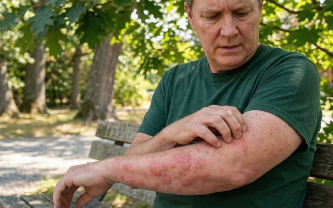 Man sitting outside on a park bench examining a rash on his arm with a concerned expression